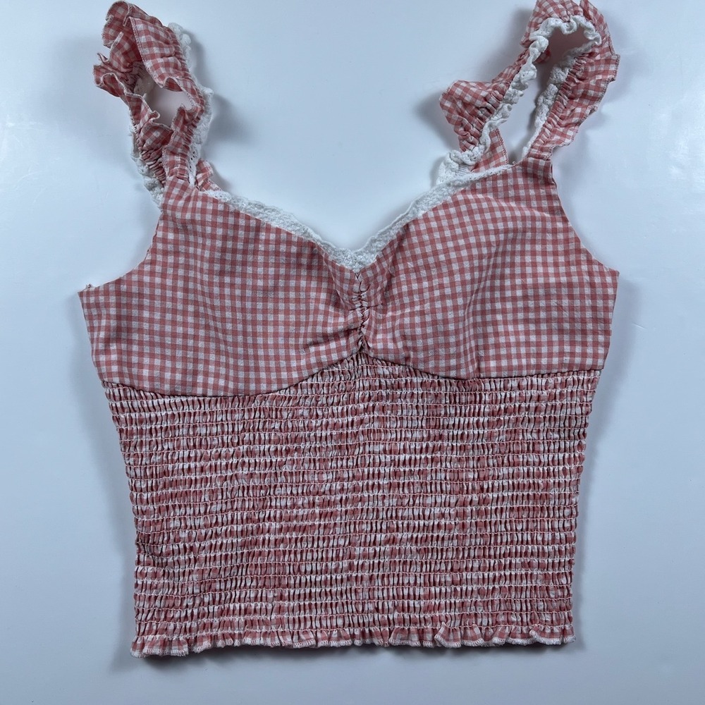 Red American Boho Gingham Smocked Crop Top Ruffle Lace Trim XL Cottagecore